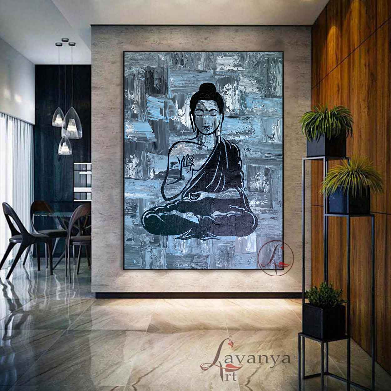 Original Buddha Indian art by Tejasvi Patel of Lavanya Art Studio adds peace, timeless beauty, and grace to luxurious contemporary interiors.