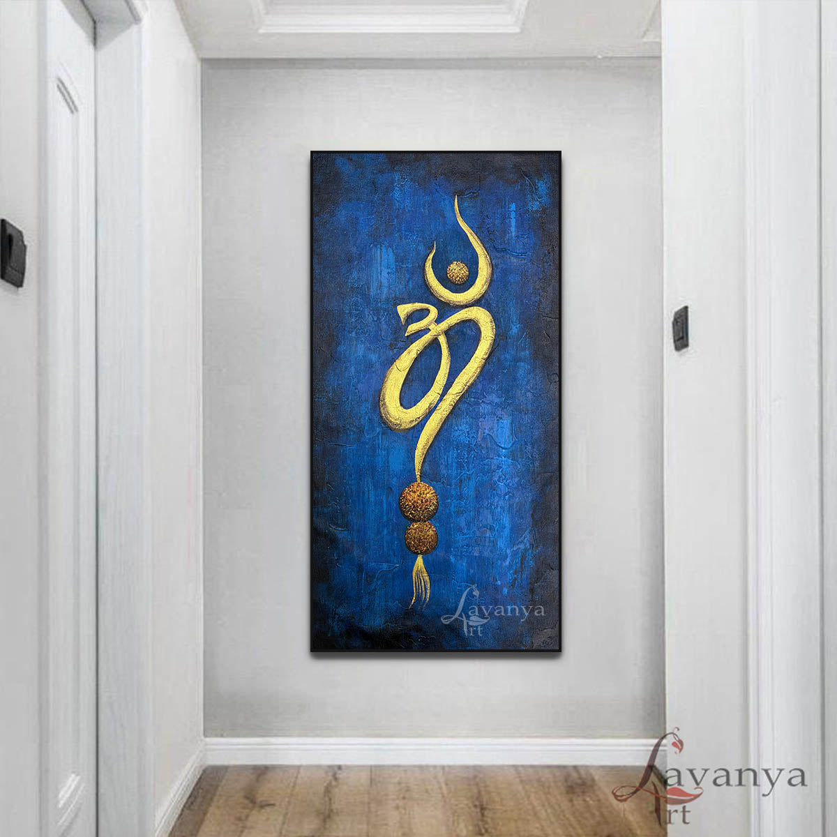 Abstract Om Painting | Handmade Textured Indian Art | Blue Gold