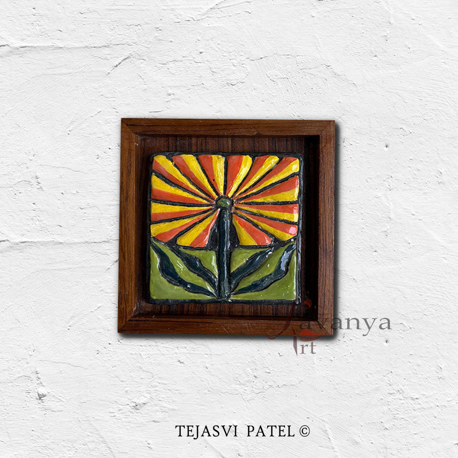 Handmade ceramic wall sculpture by Lavanya Art Studio showcases Indian art by Tejasvi Patel with textured art, beautifully framed in teak wood.