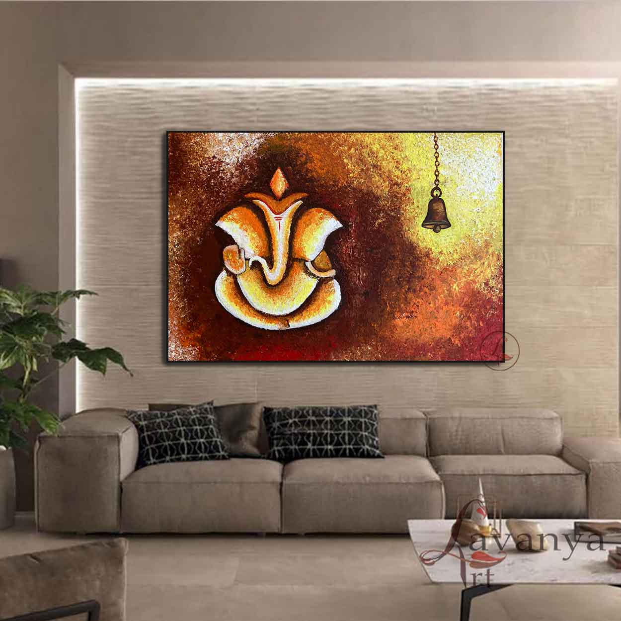 Contemporary abstract Ganesha artwork handcrafted on canvas for modern luxury homes.