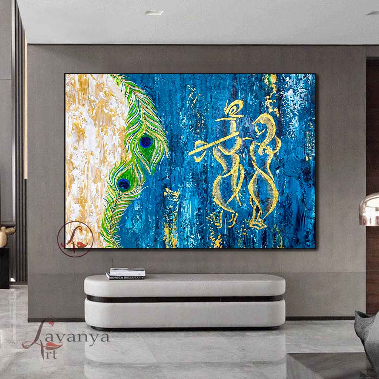 Contemporary Indian Krishna painting with luxurious textures, handcrafted by Tejasvi Patel at Lavanya Art Studio.