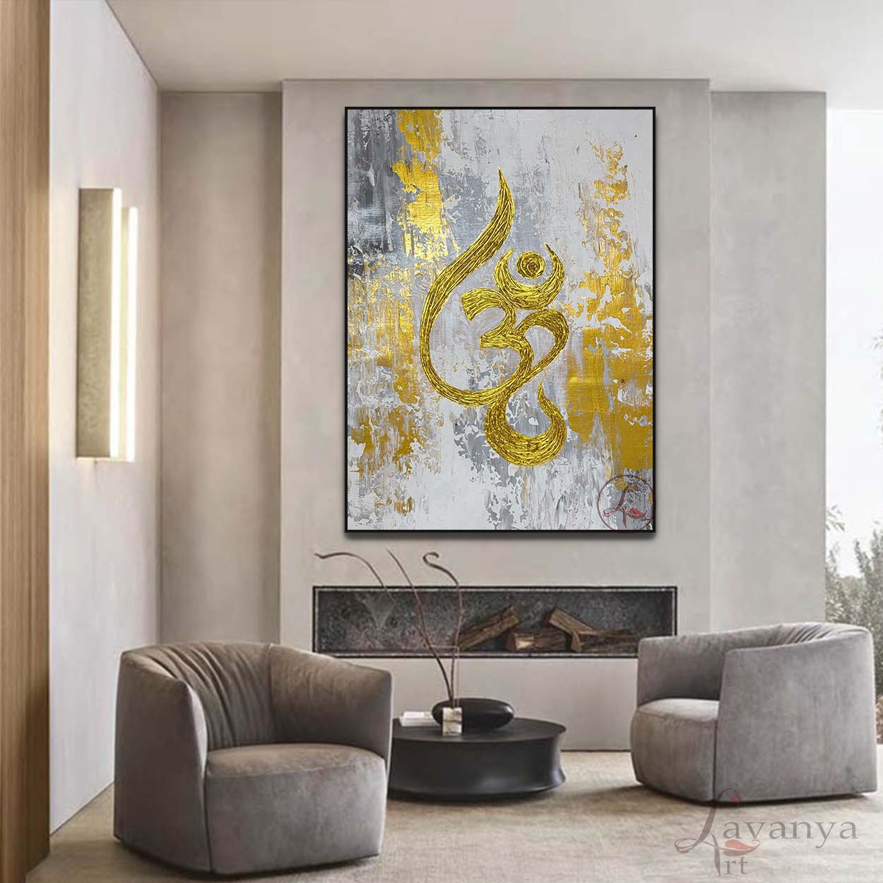Elegant Om canvas acrylic painting with textured art and gold finish. Handmade Indian art inspired by Hindu God symbolism and modern abstract painting.
