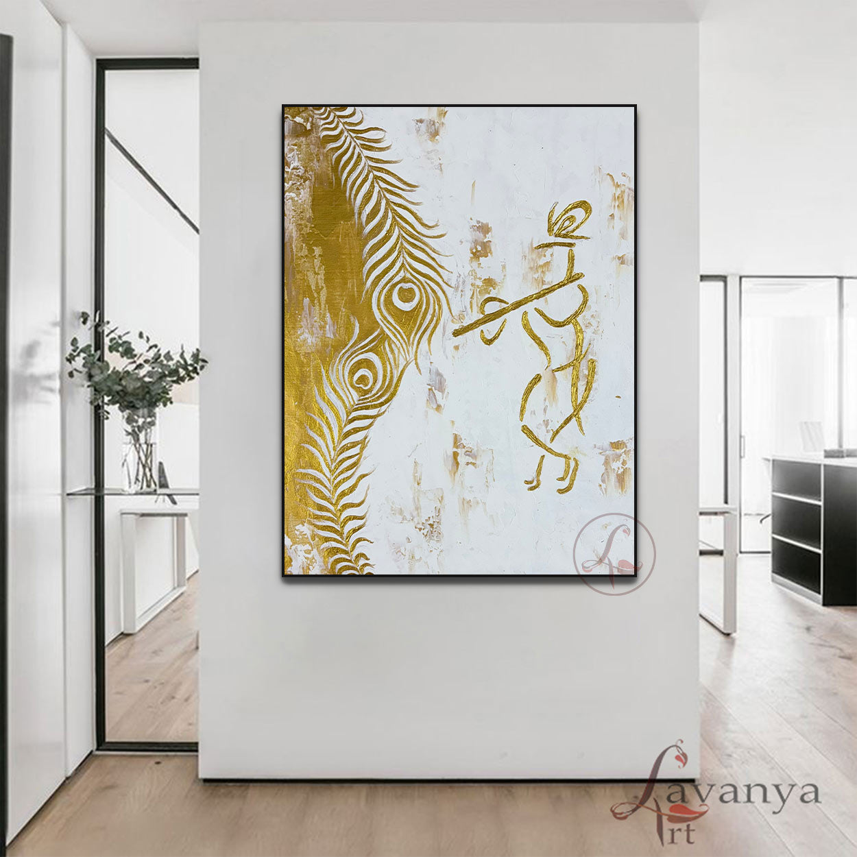 Contemporary Radha Krishna canvas painting featuring modern Indian art by Tejasvi Patel.