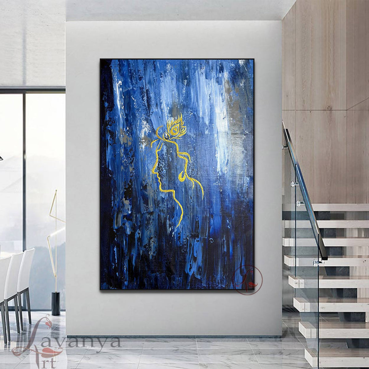 Devotional Krishna painting symbolizing divine love, peace, and harmony.