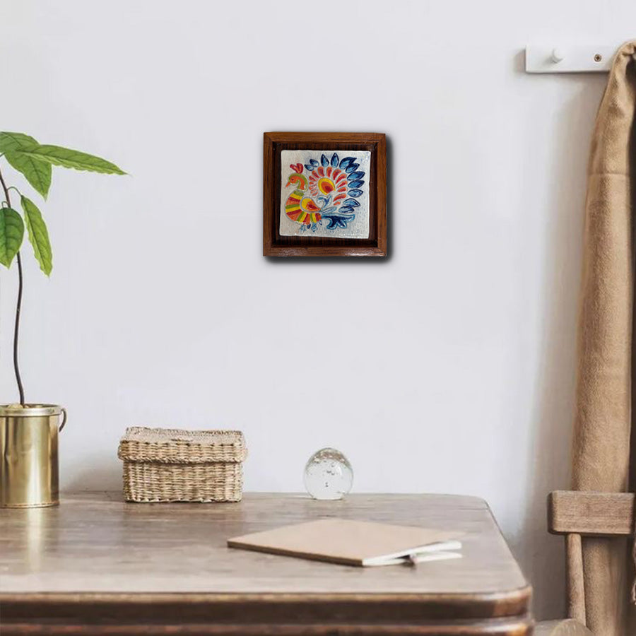 Handmade Ceramic Wall Tile | Teak Frame Wall Art Decor