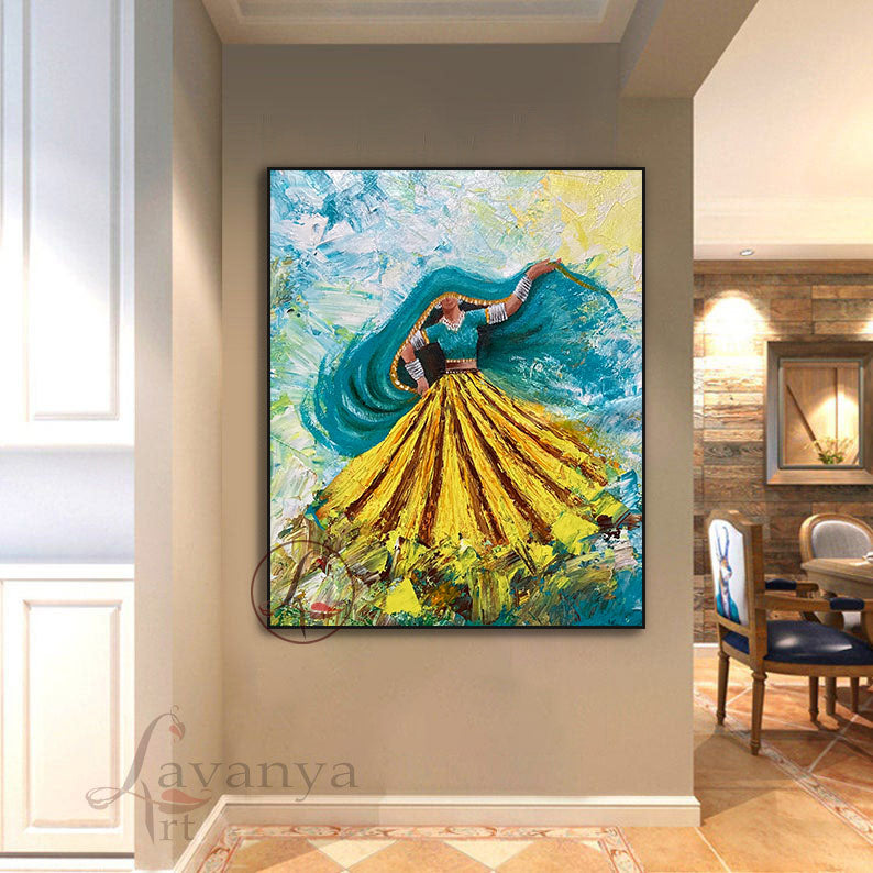 Ghoomar Dance Wall Art | Handmade Indian Woman Canvas Painting