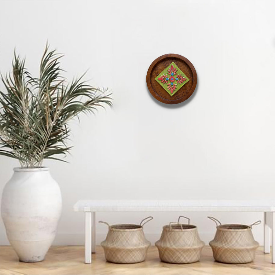 Hand-Carved Ceramic Wall Art | Teak Wood Frame Decor Piece