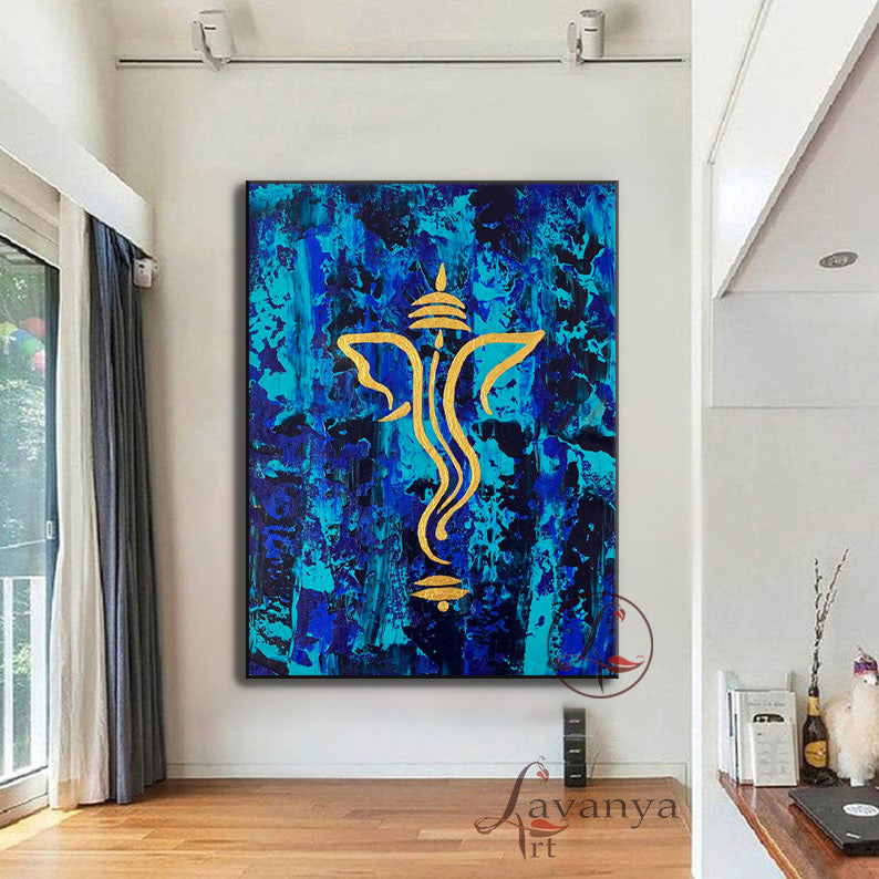 Blue Gold Ganesha Art | Handmade Indian Canvas Painting
