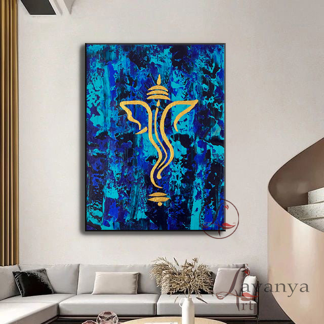 Blue Gold Ganesha Art | Handmade Indian Canvas Painting