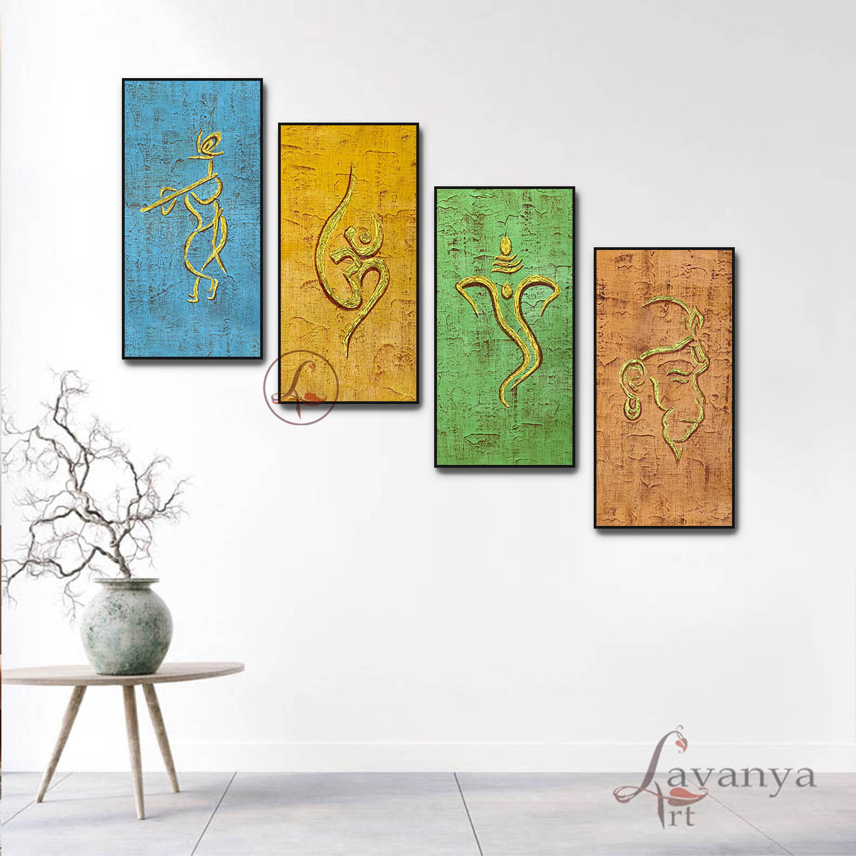 Four framed artworks with abstract designs on a white wall, featuring the brand 'Lavanya Art'.