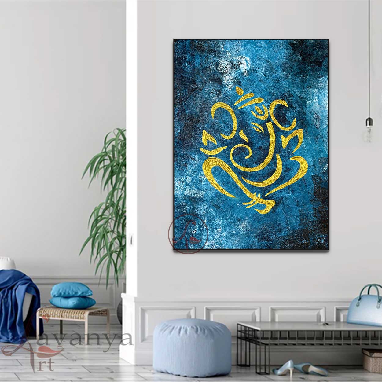 Handmade Ganesha canvas painting with rich textures and contemporary Indian design by Tejasvi Patel.
