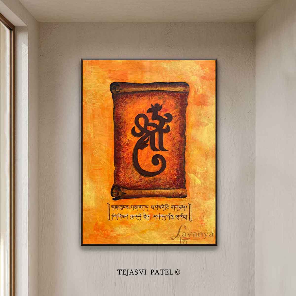Experience Ganesh original painting by Tejasvi Patel. Lavanya Art Studio blends textured art, handmade art, abstract art, and Indian art beautifully.