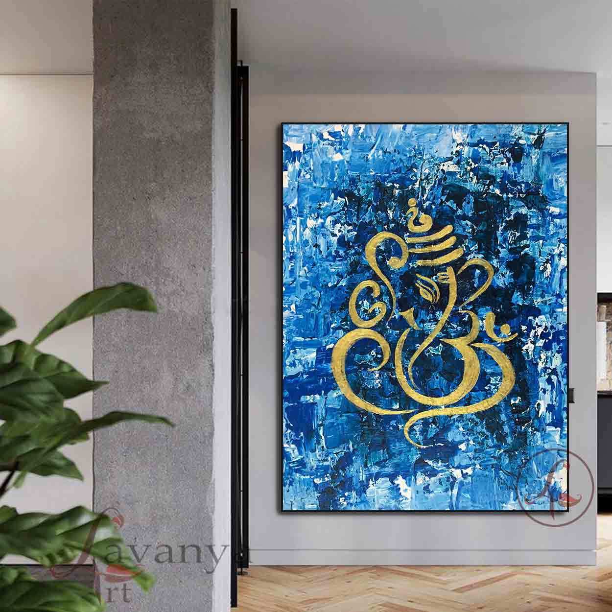Modern Ganesha Painting | Blue Gold Textured Canvas