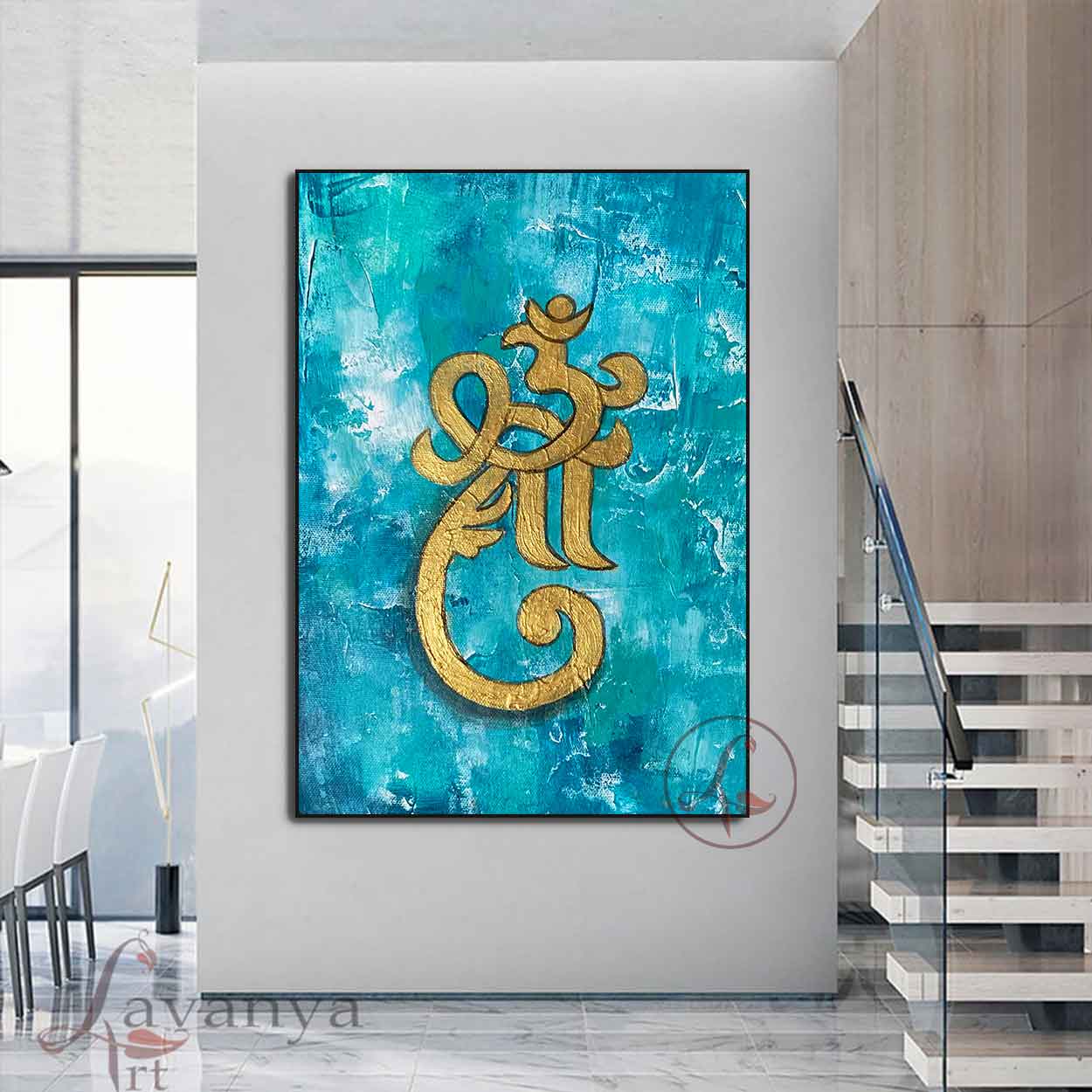 Blue Gold Ganesha Art | Handmade Indian Canvas Painting