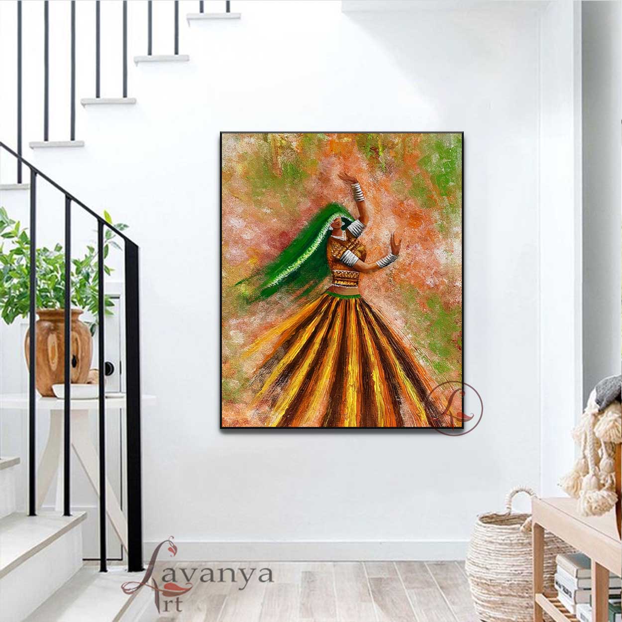 Discover original Rajasthani Woman & Ghoomar Dance Wall Art by Tejasvi Patel at Lavanya Art Studio. Handmade textured Indian canvas art with timeless elegance.