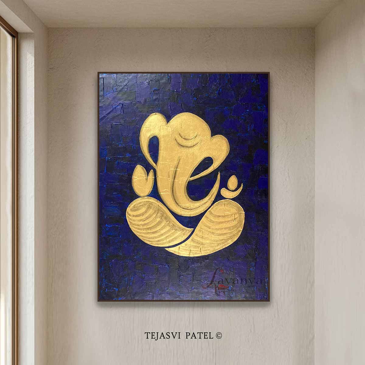 Handmade Ganesha painting enhanced with luxurious gold leaf accents and textured details.
