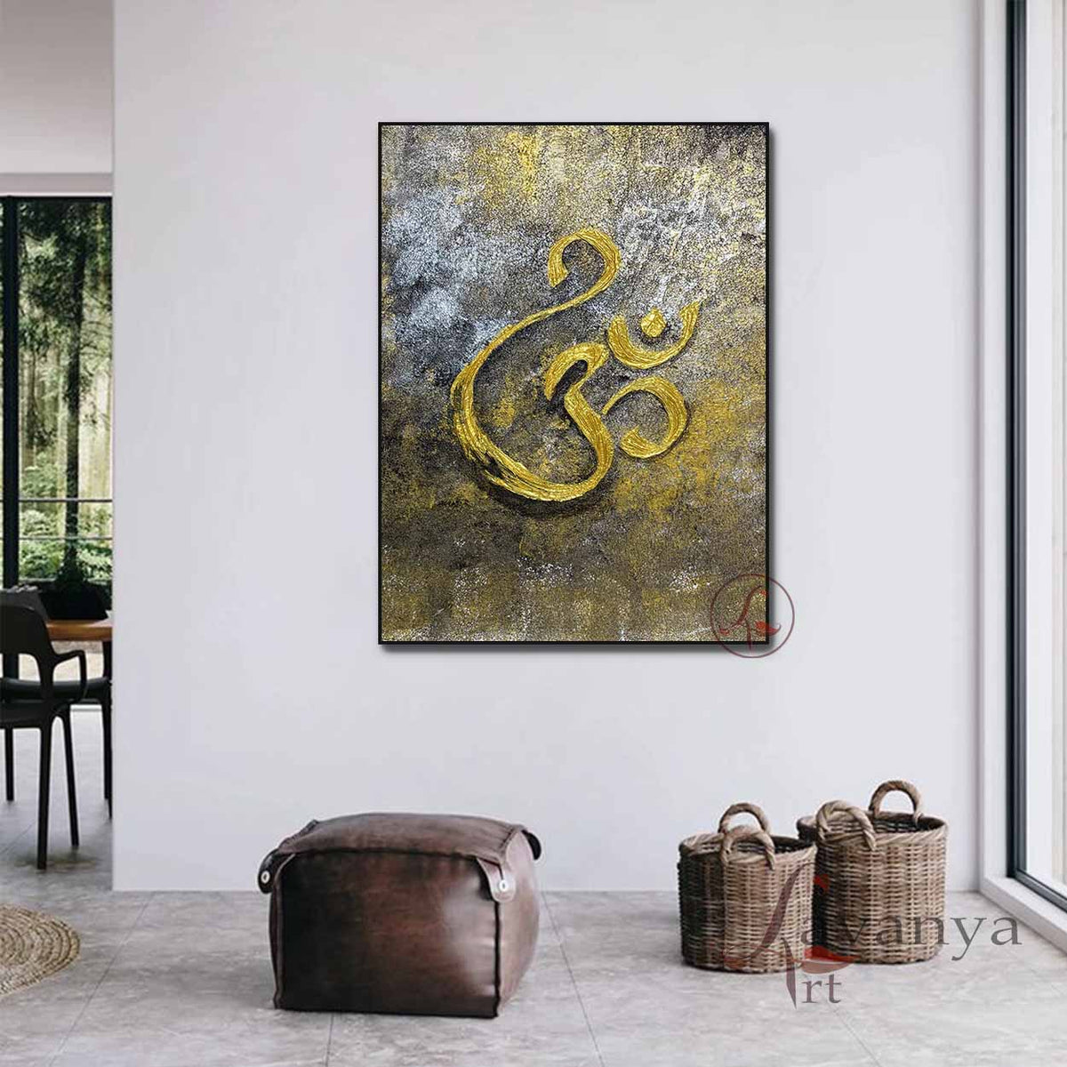 Handmade Om painting enhanced with gold leaf details and rich contemporary textures.