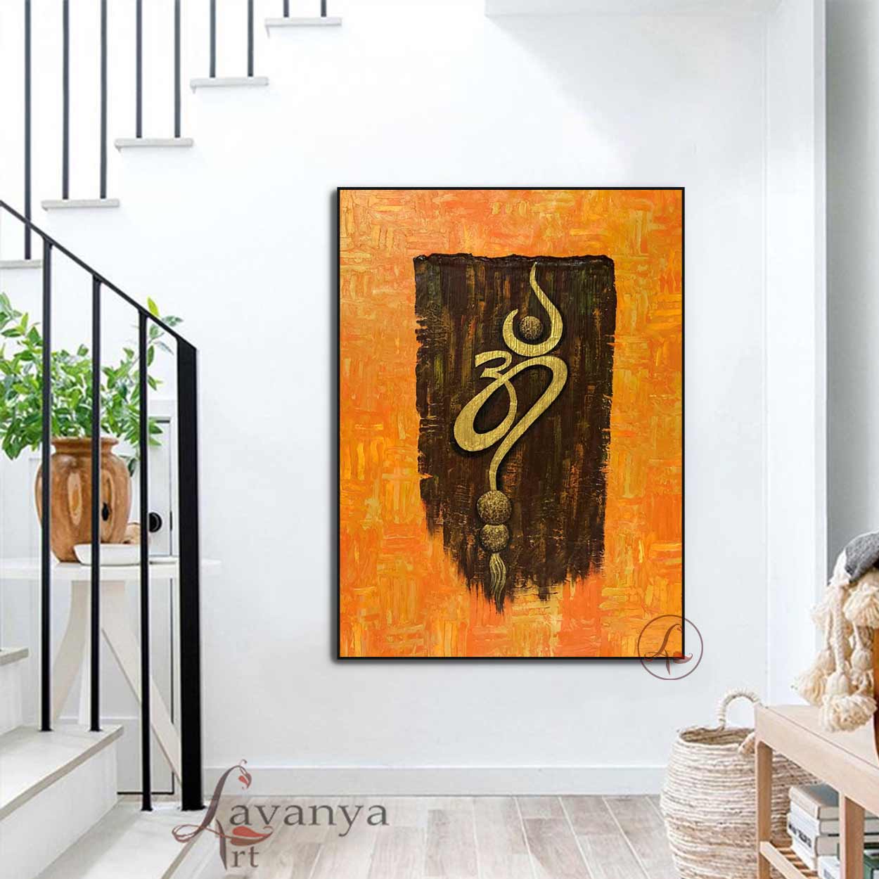 Handmade gold Om painting with luxurious textured finish for modern homes.