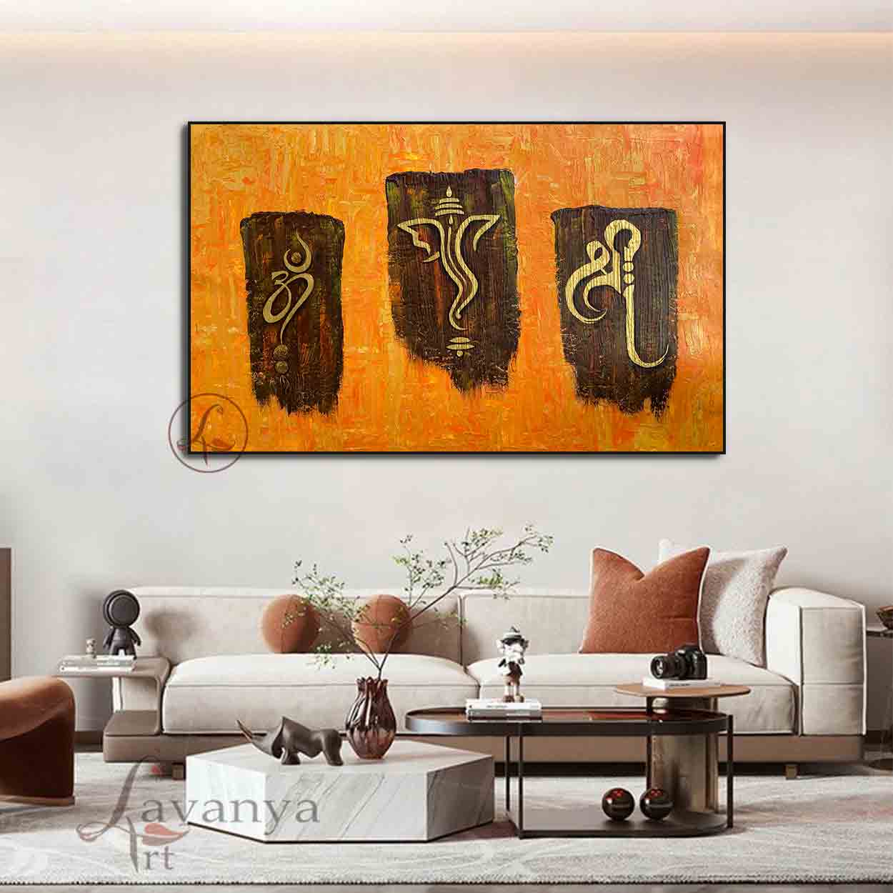 Handmade gold textured Ganesha painting with elegant spiritual design by Lavanya Art Studio.