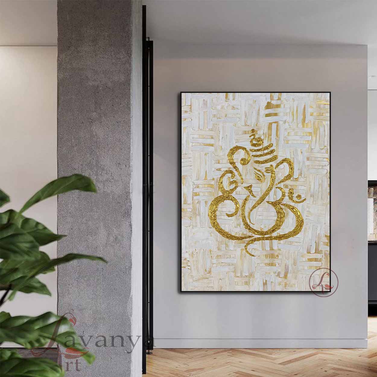 Handmade gold textured Ganesha painting with elegant spiritual design by Lavanya Art Studio.