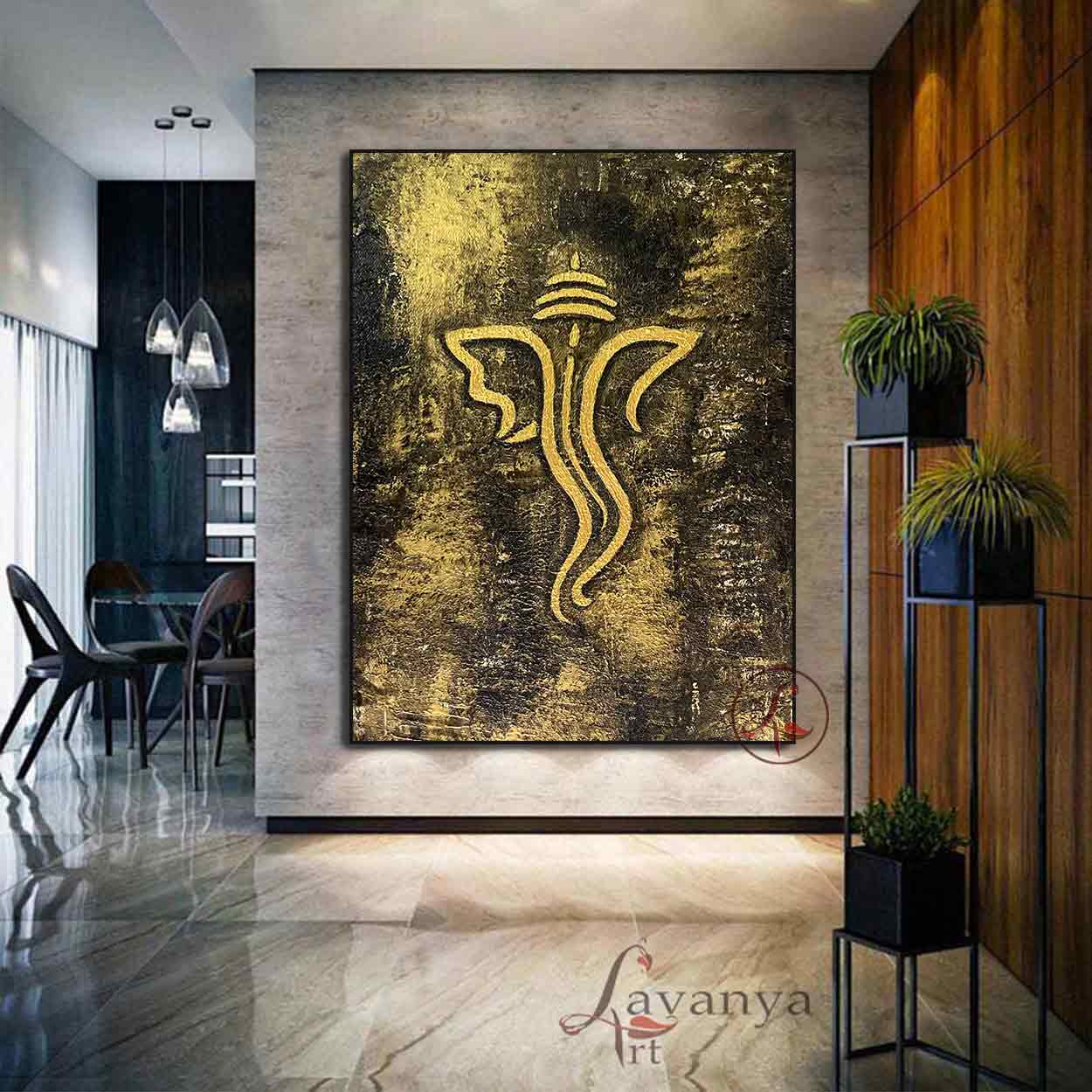 Handmade gold textured Ganesha painting with elegant spiritual design by Lavanya Art Studio.