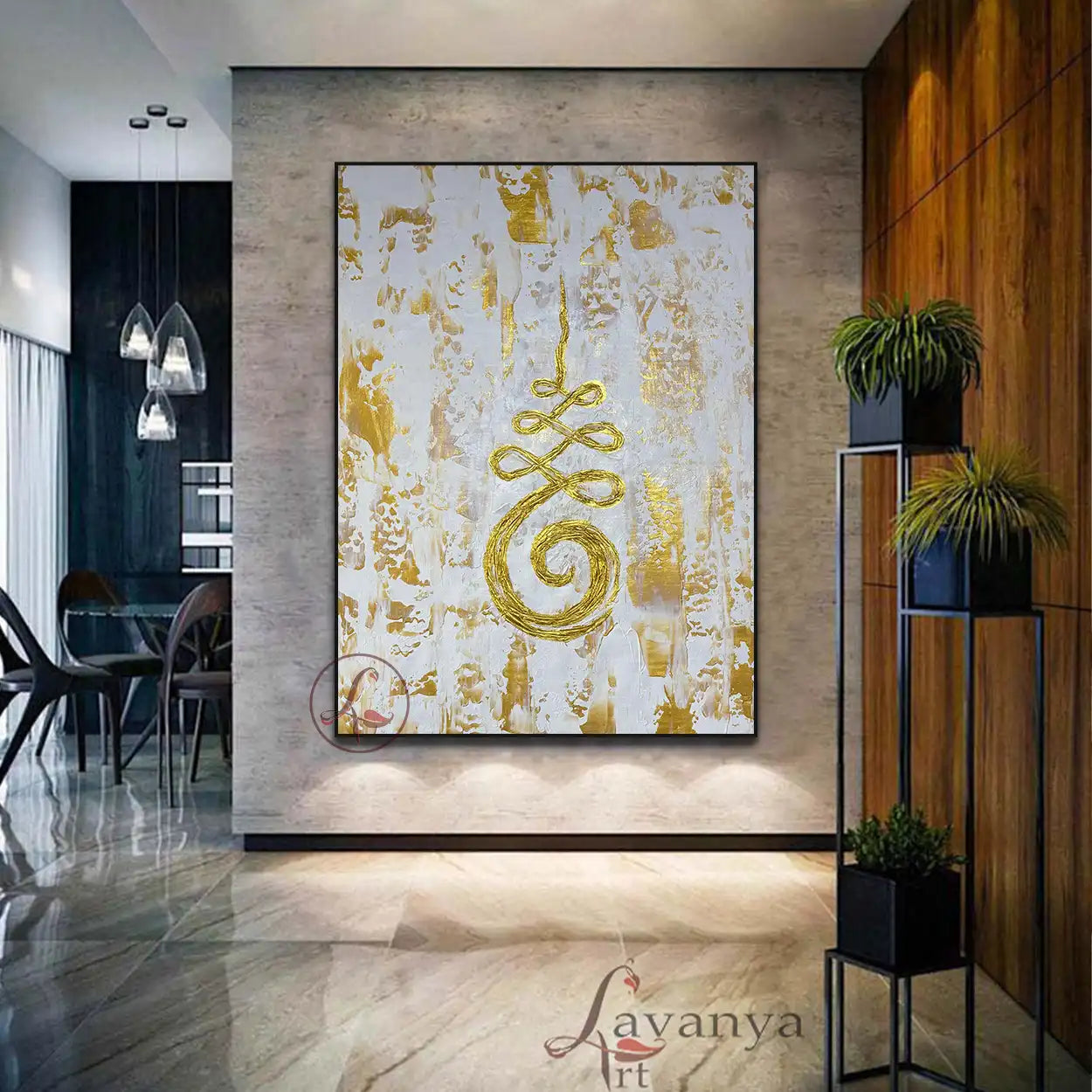 Unalome Sak Yant Painting | White Gold Buddhist Wall Art