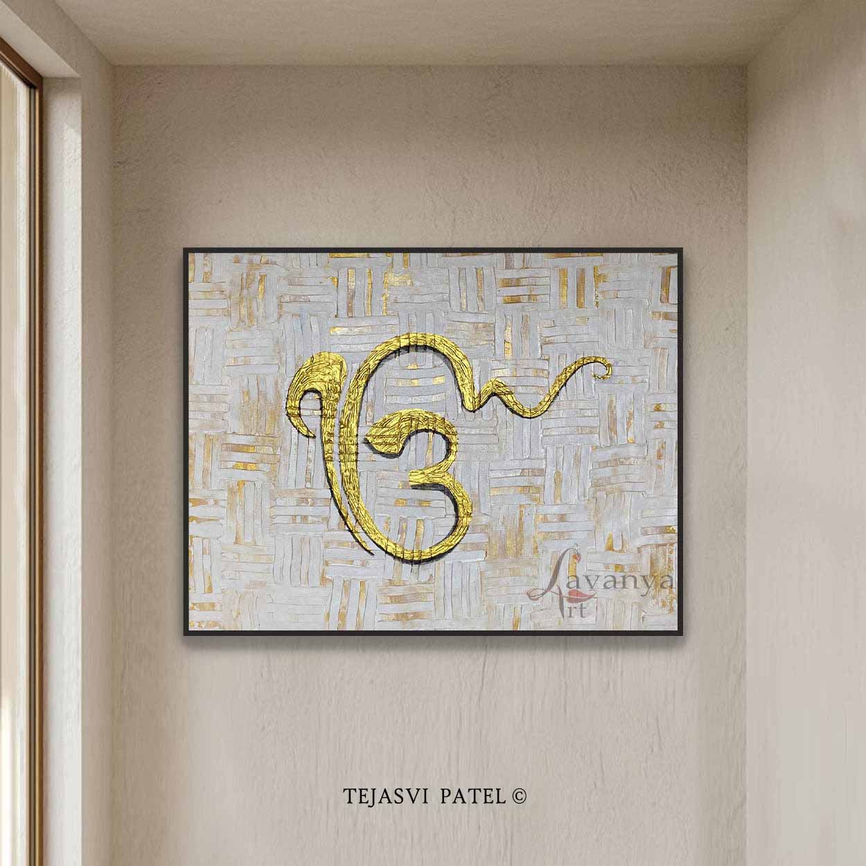 Explore handcrafted Ek Onkar Indian Art by Tejasvi Patel of Lavanya Art Studio, inspired by abstract Punjabi Art and spiritual home decor.