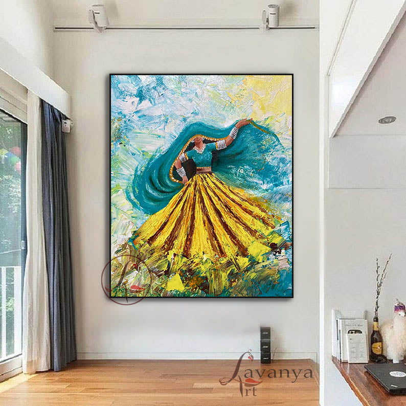 Ghoomar Dance Wall Art | Handmade Indian Woman Canvas Painting