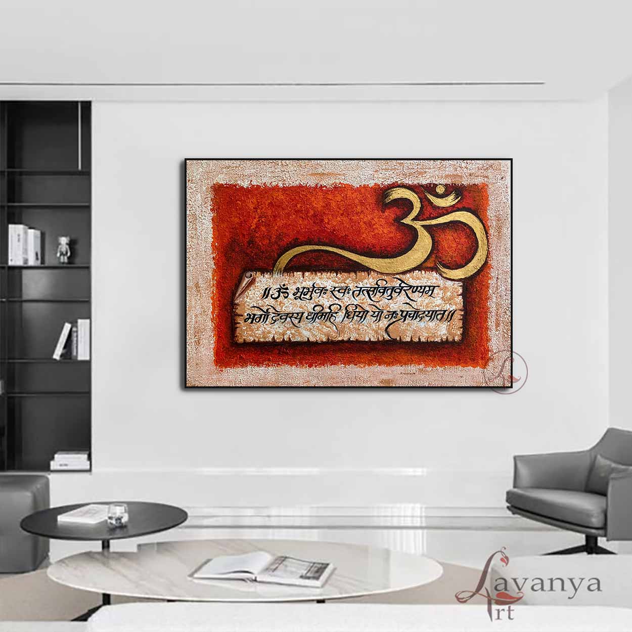 Original Om contemporary art featuring textured art and gold textures. Handmade canvas acrylic painting celebrating Indian art and spiritual elegance by tejasvi patel.