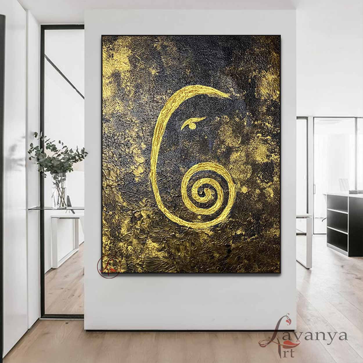 Handmade Hindu God Ganesha painting with modern abstract textures and spiritual elegance.