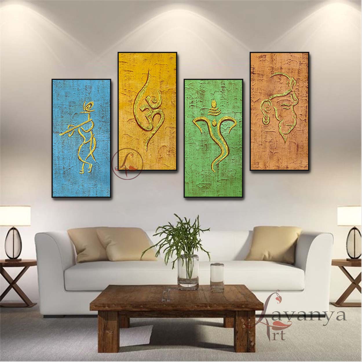 Modern Hindu Art Set of 4 | Ganesha Krishna Om Hanuman Abstract Canvas Art