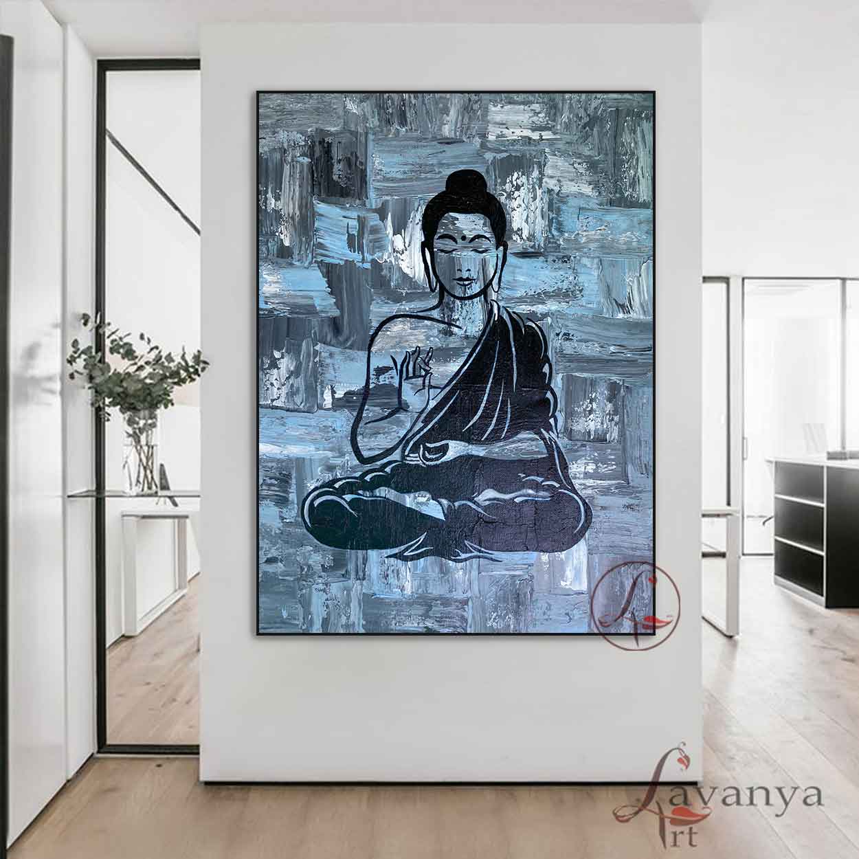 Handcrafted Buddha Indian art by Tejasvi Patel at Lavanya Art Studio is designed to elevate luxurious contemporary interiors with spiritual charm.