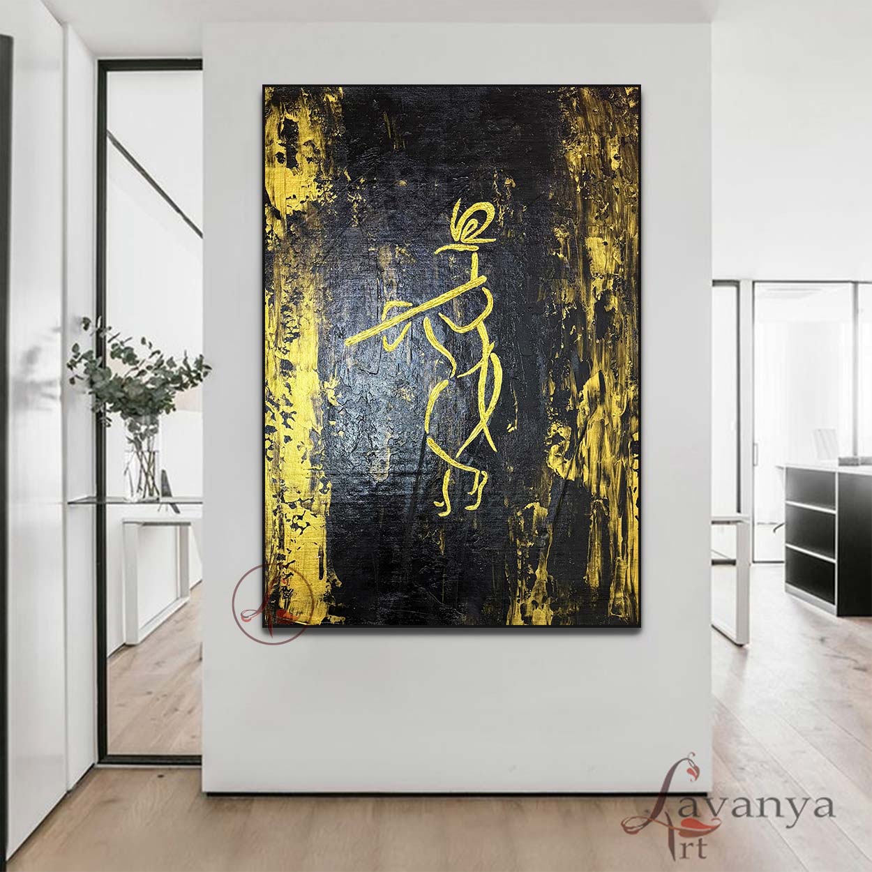 Handmade Krishna canvas painting with palette knife textures and contemporary Indian style.