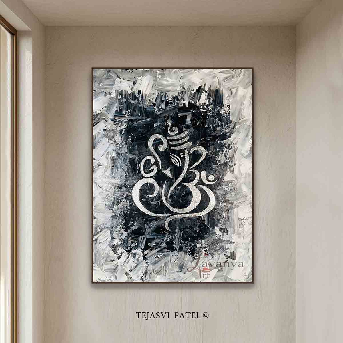 Large handmade Ganesha painting with bold textures for living room wall decor.