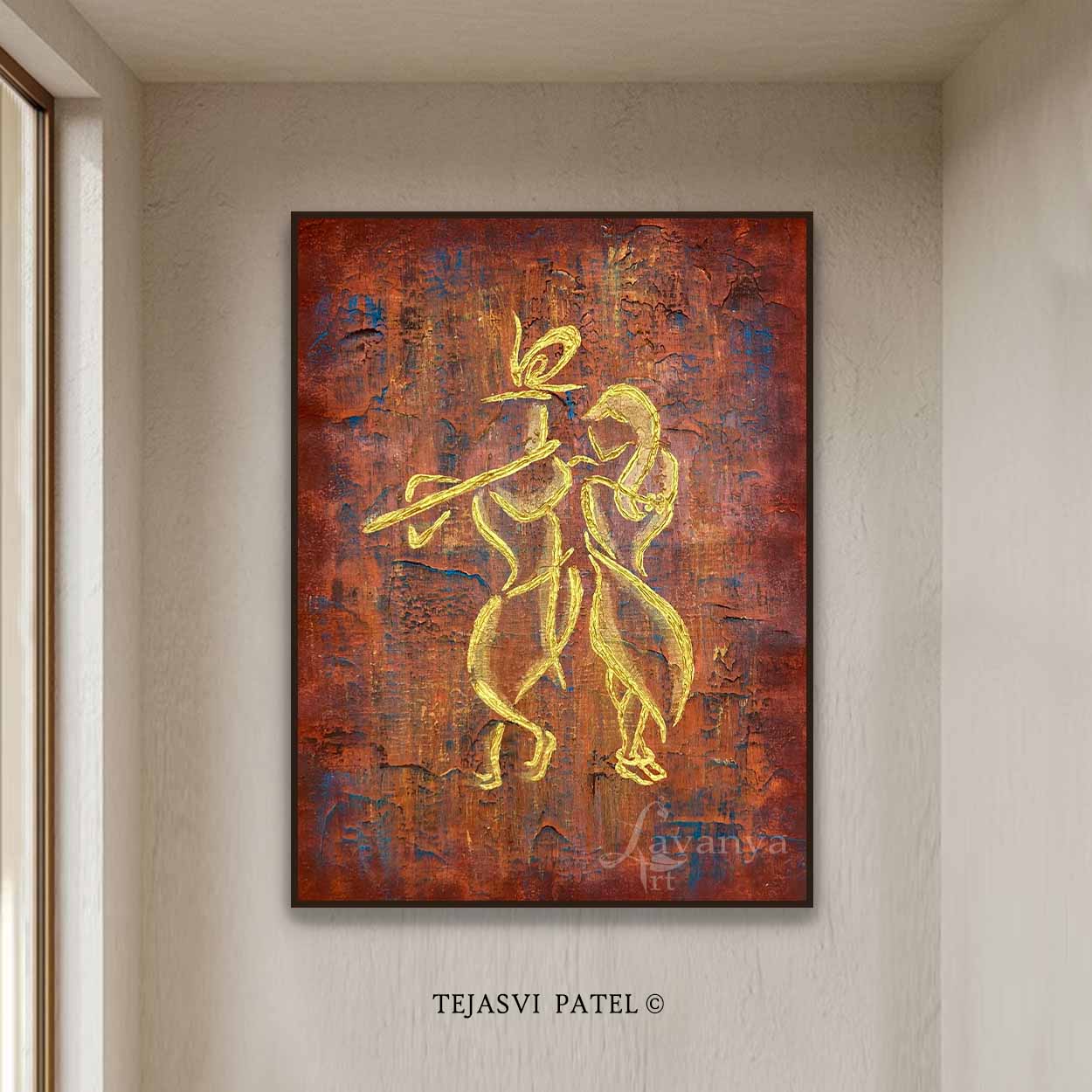 Large Radha Krishna painting handmade on canvas for living room wall decor.