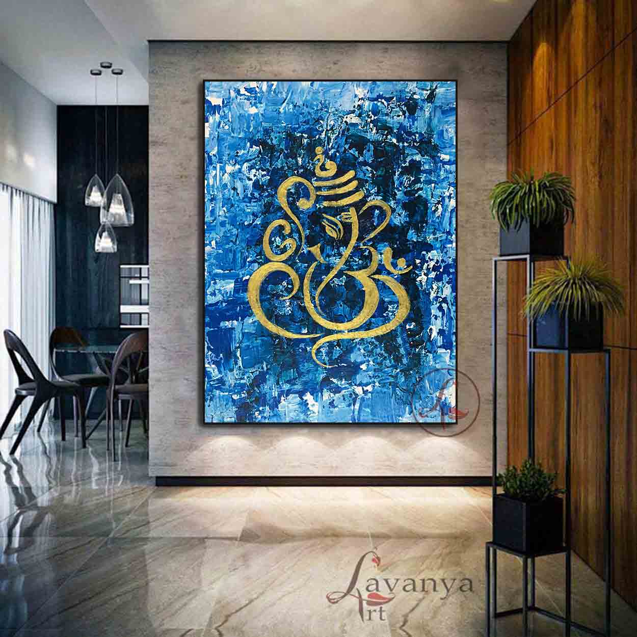 Modern Ganesha Painting | Blue Gold Textured Canvas