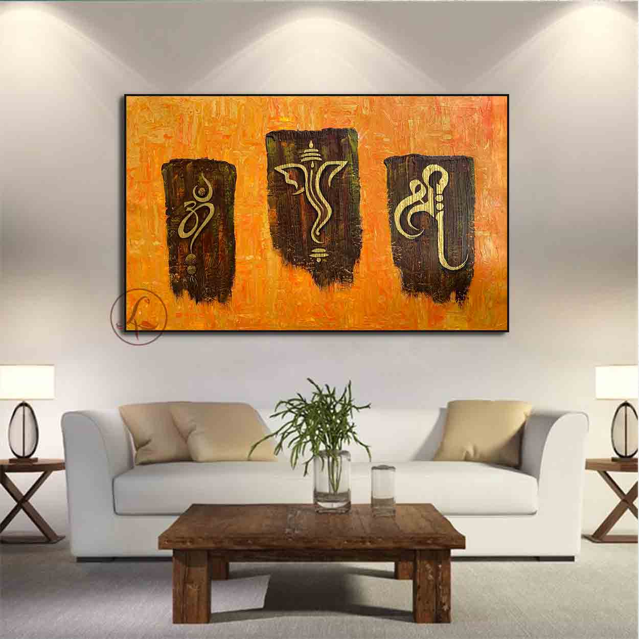 Luxury handmade Ganesha wall décor painting with textured finish for premium interiors.