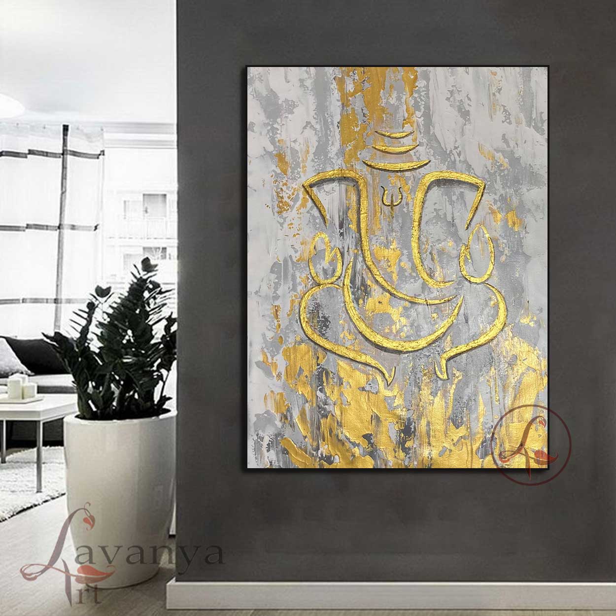 Luxury handmade Ganesha wall décor painting with textured finish for premium interiors.