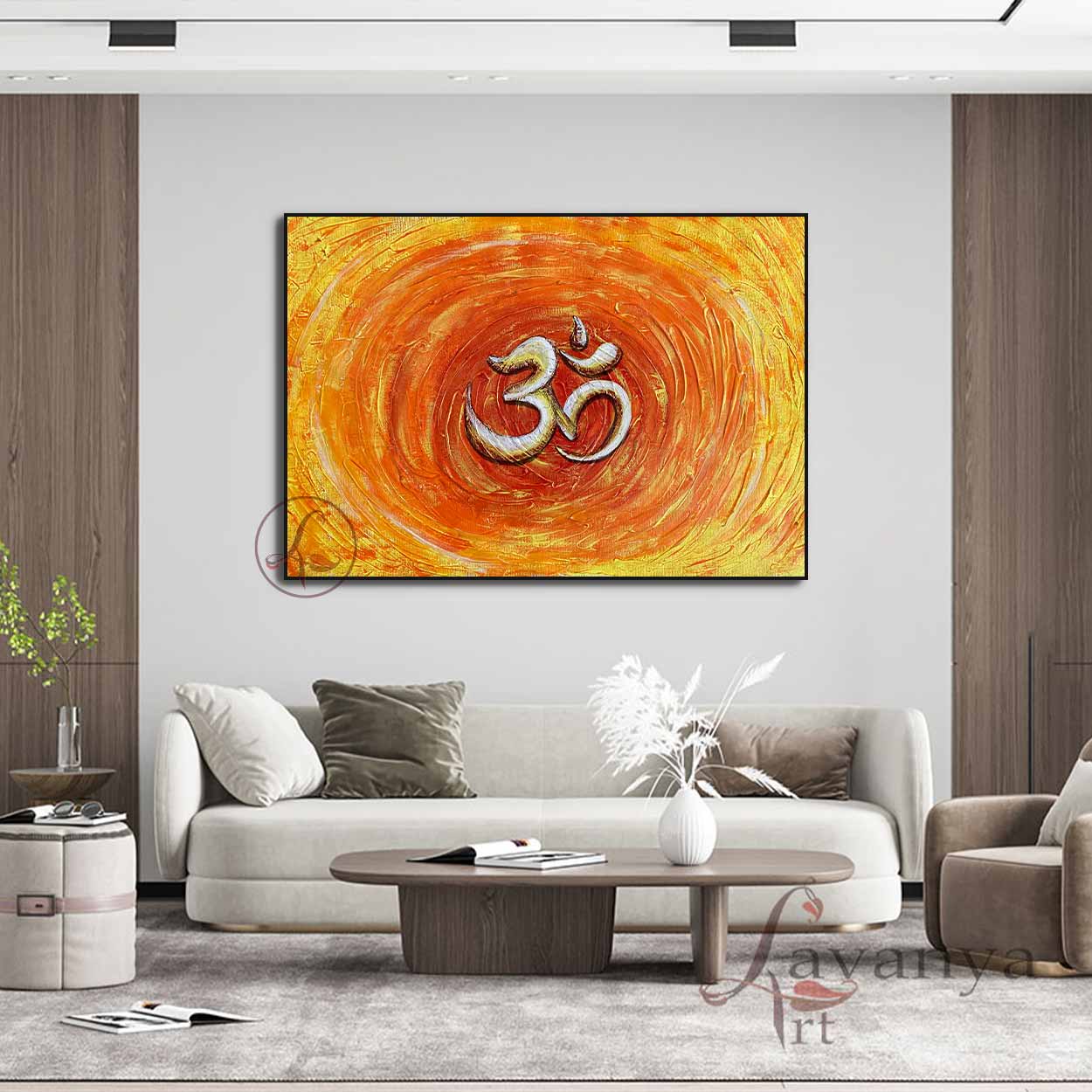 Original handmade abstract Om painting by Tejasvi Patel featuring textured contemporary Indian canvas art.