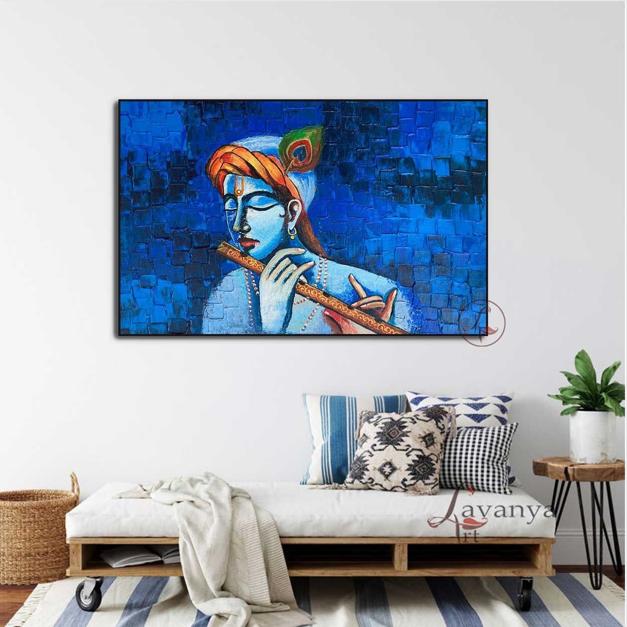 Minimalist Krishna painting with abstract composition and elegant handmade textures.