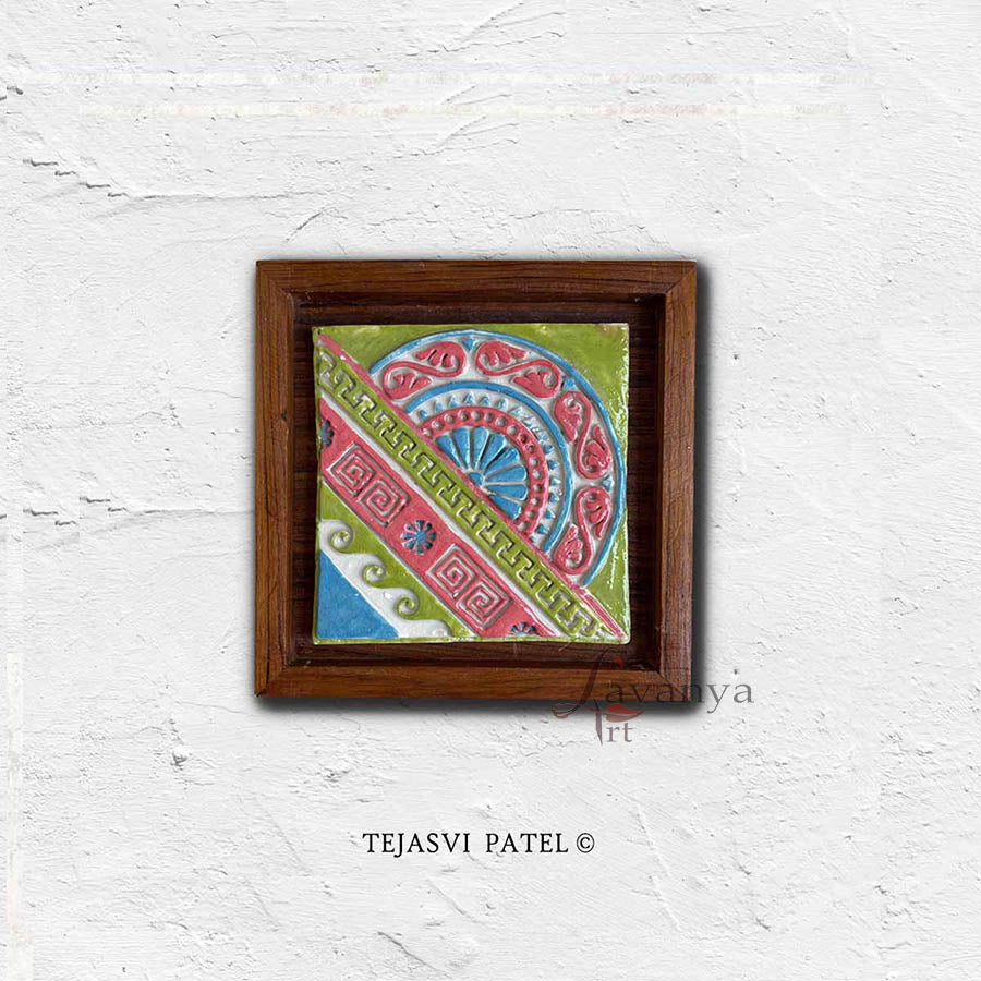 Discover handmade ceramic wall sculpture by Tejasvi Patel at Lavanya Art Studio. Indian art with textured art, framed in teak wood for elegant modern decor.