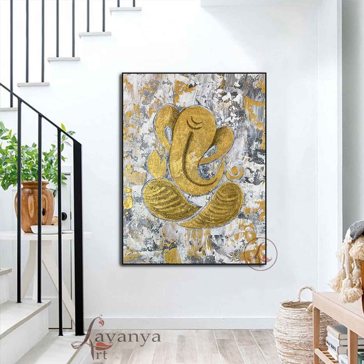 Modern Ganesha painting handcrafted with premium acrylic textures for luxury spiritual wall décor.