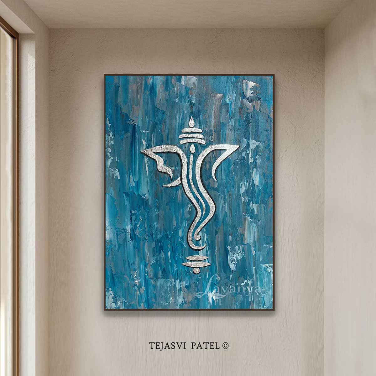 Modern Ganesha painting handcrafted with premium acrylic textures for luxury spiritual wall décor.