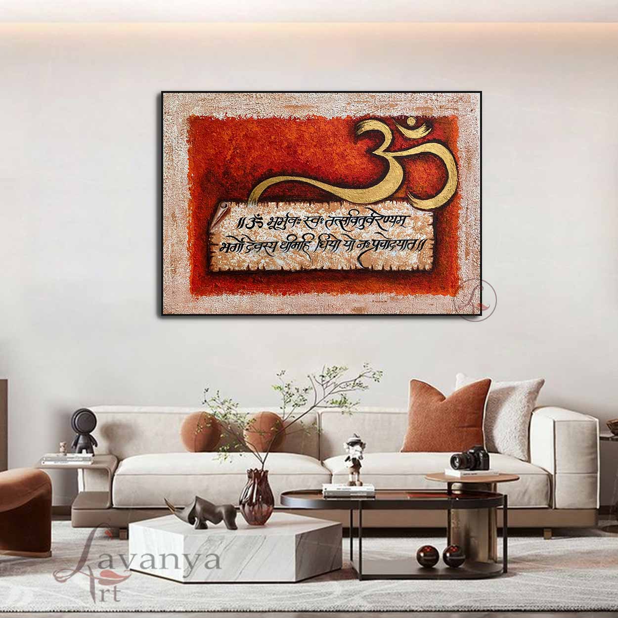 Shop luxury Om Indian art with textured art and abstract painting by lavanya art studio. Handmade canvas acrylic painting inspired by timeless Hindu art traditions.