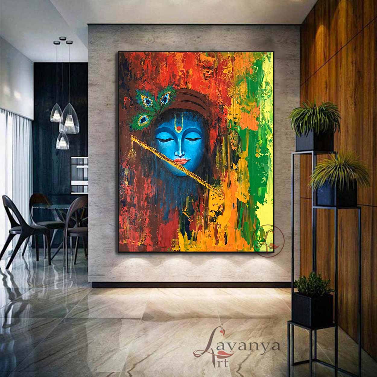 Modern Krishna painting handcrafted with rich textures for luxury Indian home décor by Tejasvi Patel.