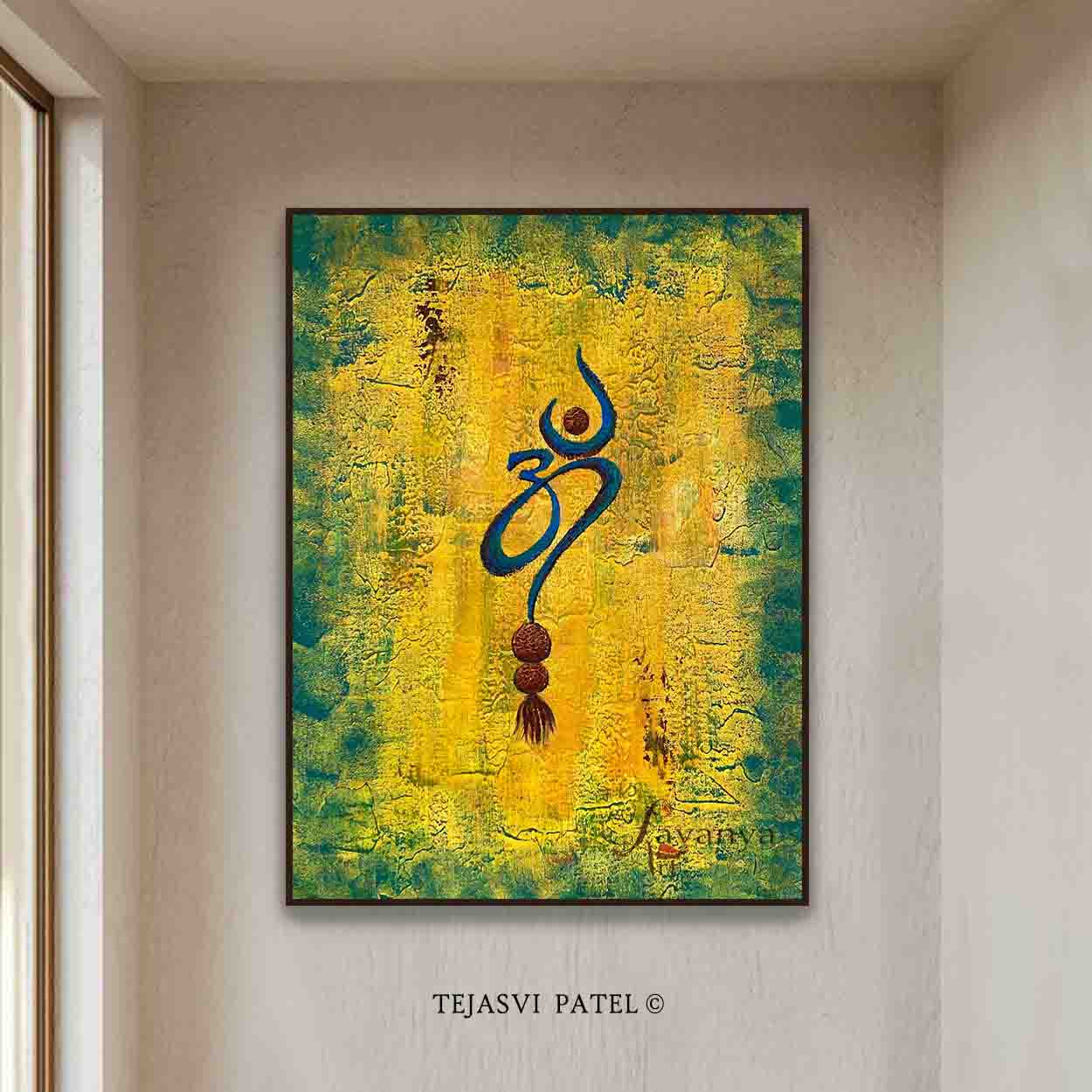 Premium Om canvas acrylic painting with rich textured art and gold accents. Handmade Indian art inspired by sacred Hindu God symbolism.