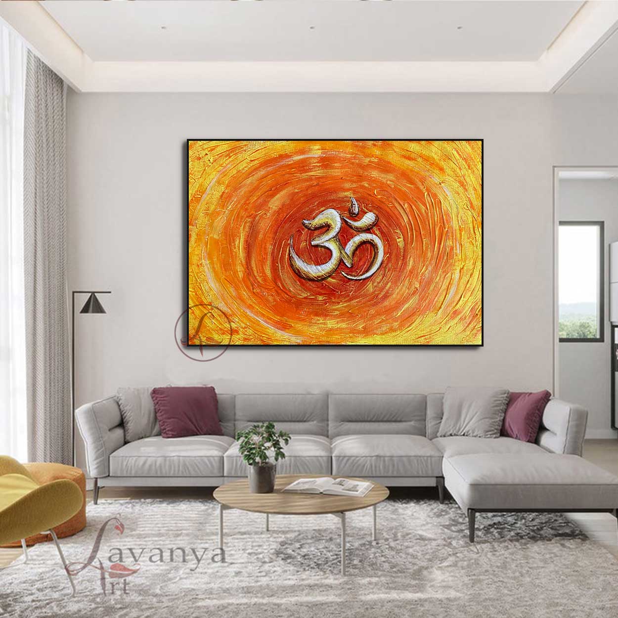 Modern Om painting handcrafted with premium acrylic textures for luxury spiritual wall décor.