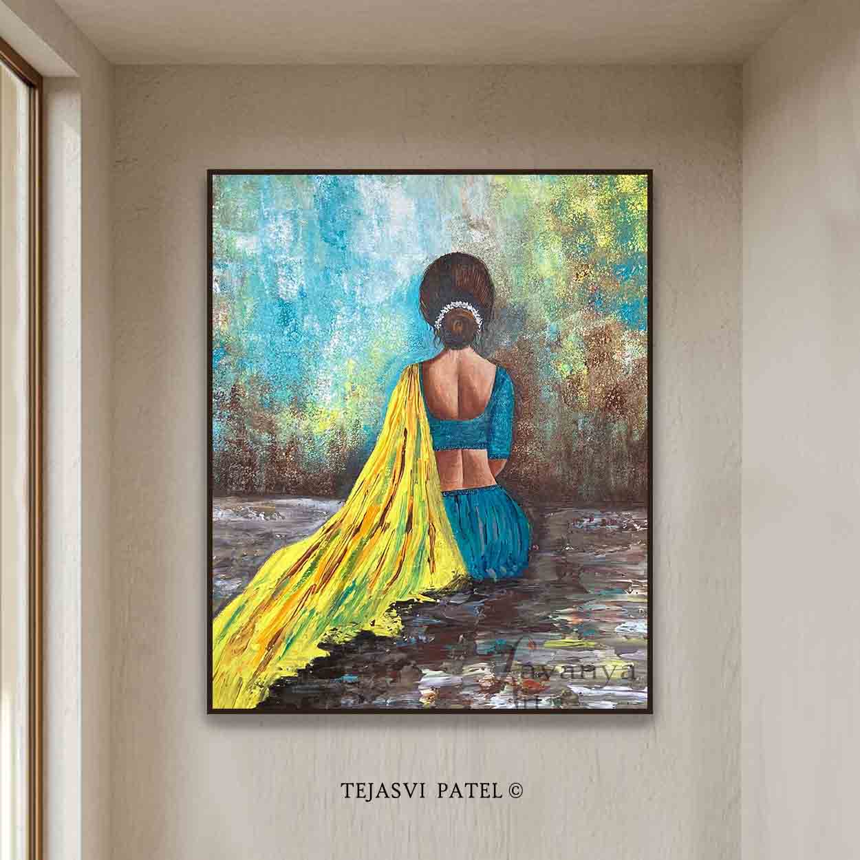 Original Rajasthani Woman & Ghoomar Dance Wall Art by Tejasvi Patel at Lavanya Art Studio. Handmade textured Indian paintings for contemporary interiors.