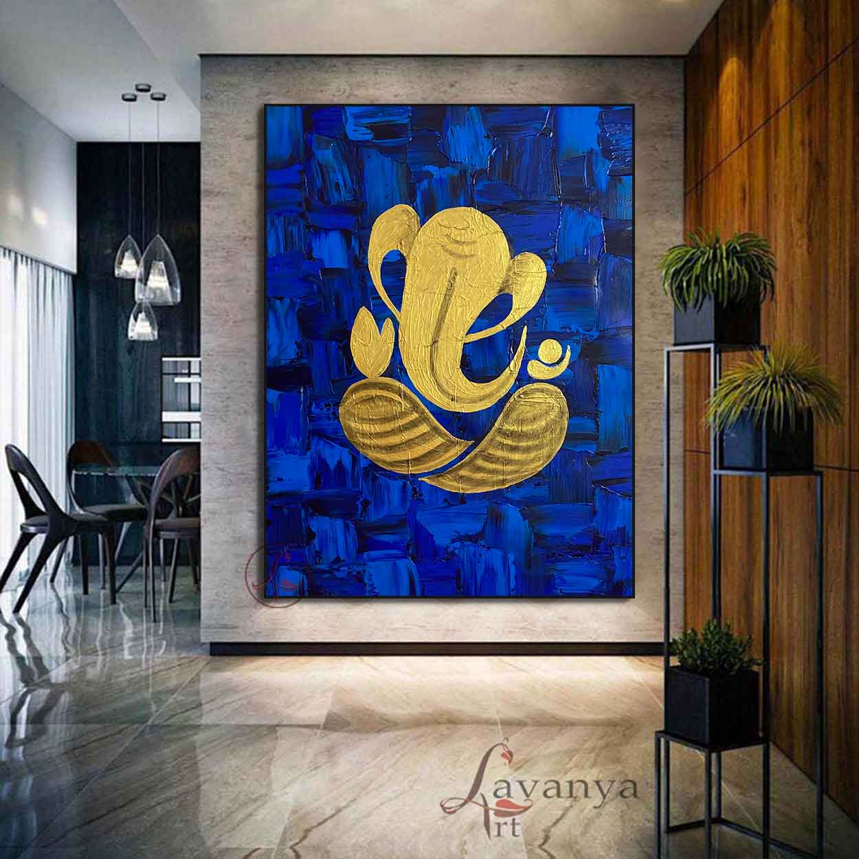 Abstract Ganpati Canvas Painting | Blue Gold Indian Art