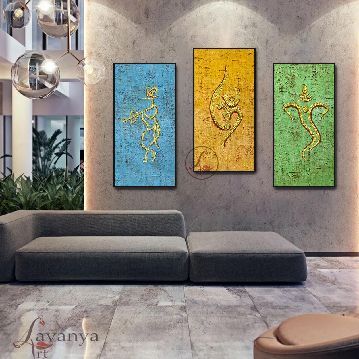 Modern Ganesha,krishna,Om painting |Set of 3 Abstract Indian Art